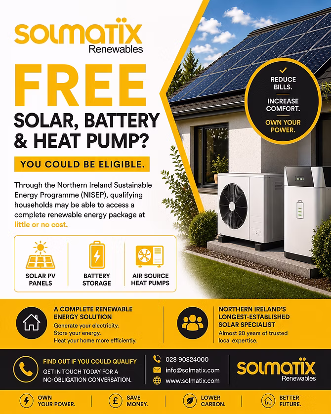 Promotional graphic banner advertising free solar, battery, and heat pump solutions.