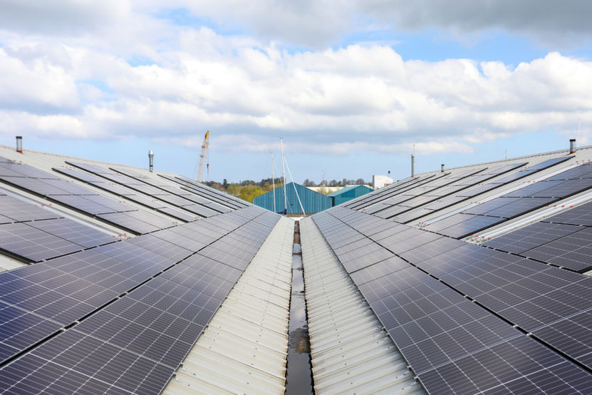 Wide rooftop view showing multiple rows of solar panels on a commercial facility.