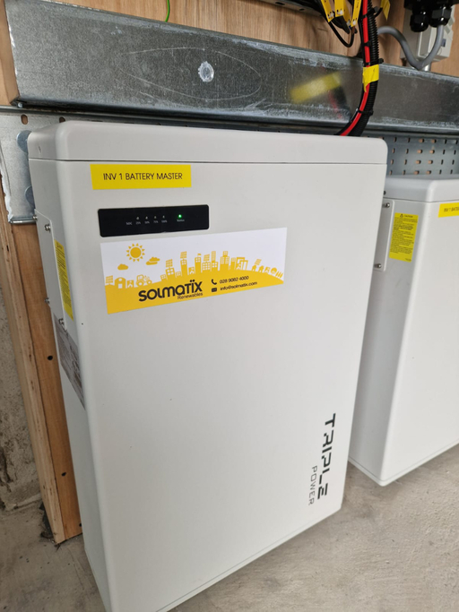 Wall-mounted solar battery storage system installed inside an utility space.