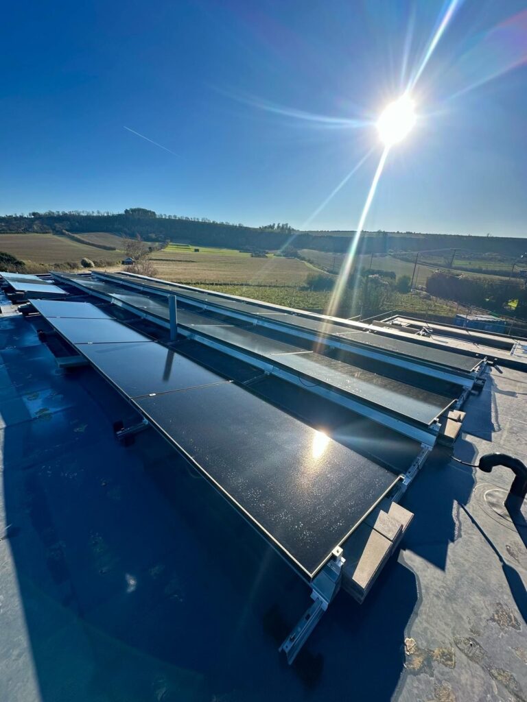 Solar panel array reflecting bright direct sunlight under a blue sky.